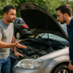 dicas para vender carro — Proprietário mostrando seu carro usado para um potencial comprador em um ambiente ao ar livre.