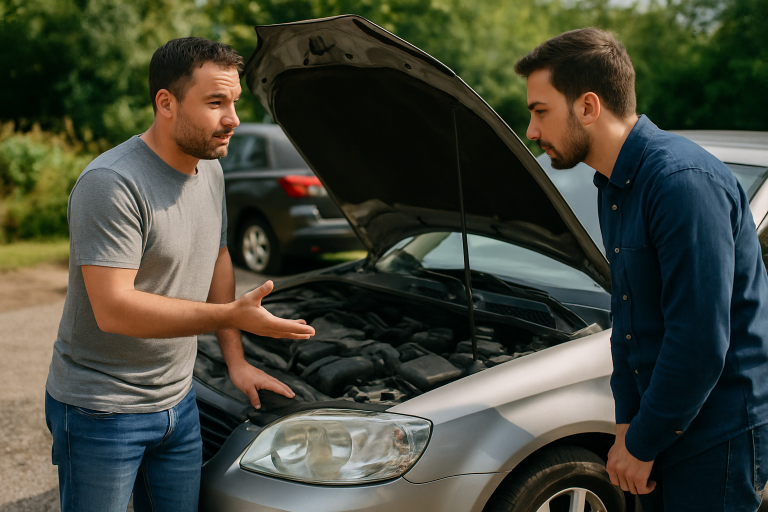 dicas para vender carro — Proprietário mostrando seu carro usado para um potencial comprador em um ambiente ao ar livre.