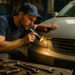 revisão de seminovos — Um mecânico inspecionando um carro seminovo na oficina, com ferramentas ao redor.