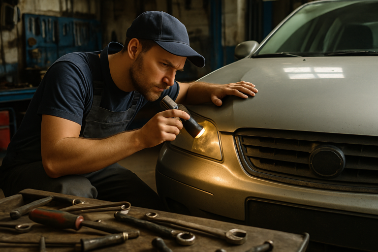 revisão de seminovos — Um mecânico inspecionando um carro seminovo na oficina, com ferramentas ao redor.