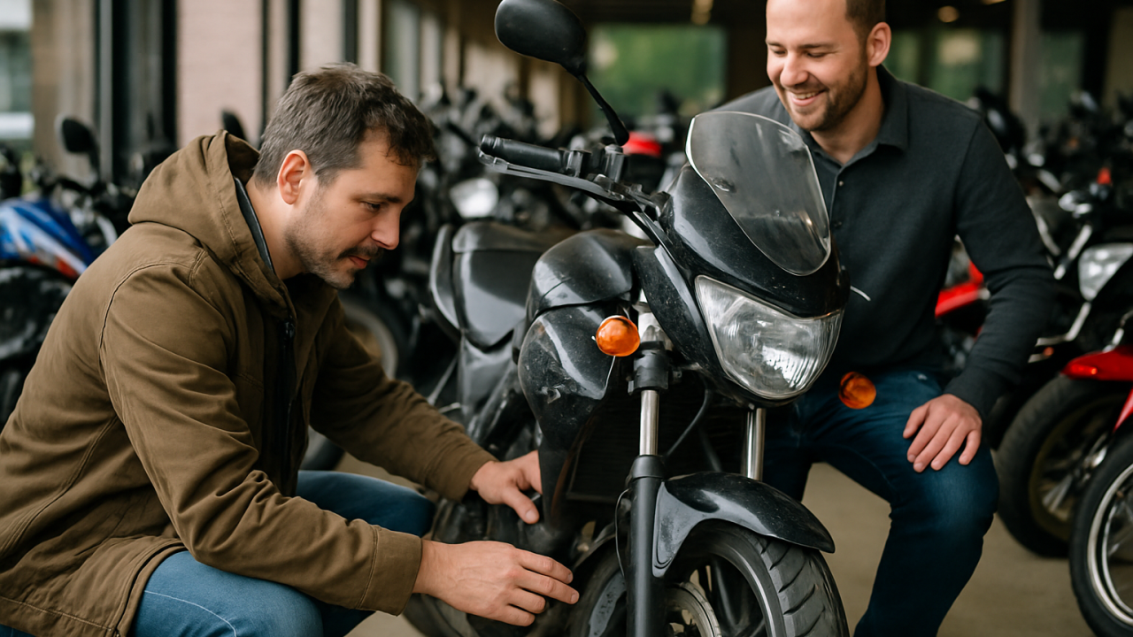 motos usadas — Um comprador examinando uma moto usada, com um vendedor ao lado, em uma concessionária.