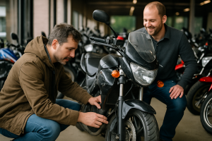 motos usadas — Um comprador examinando uma moto usada, com um vendedor ao lado, em uma concessionária.