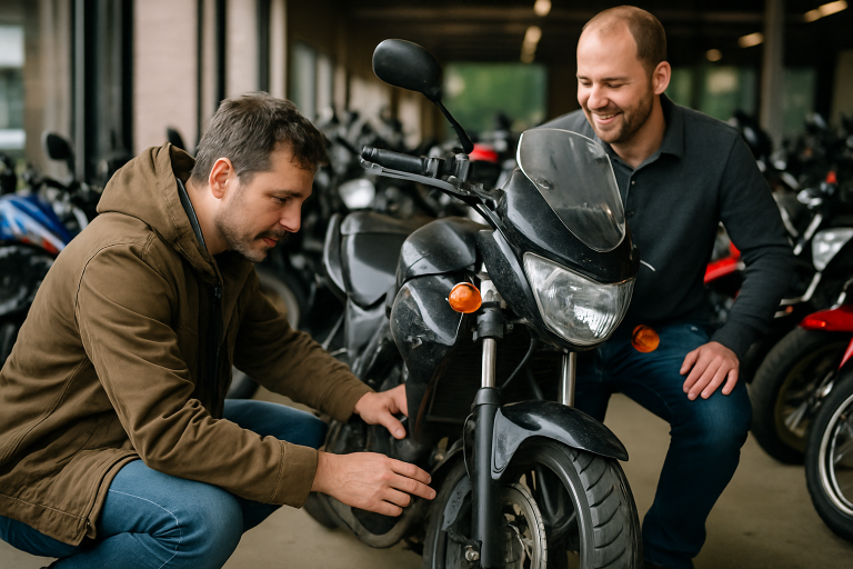 motos usadas — Um comprador examinando uma moto usada, com um vendedor ao lado, em uma concessionária.