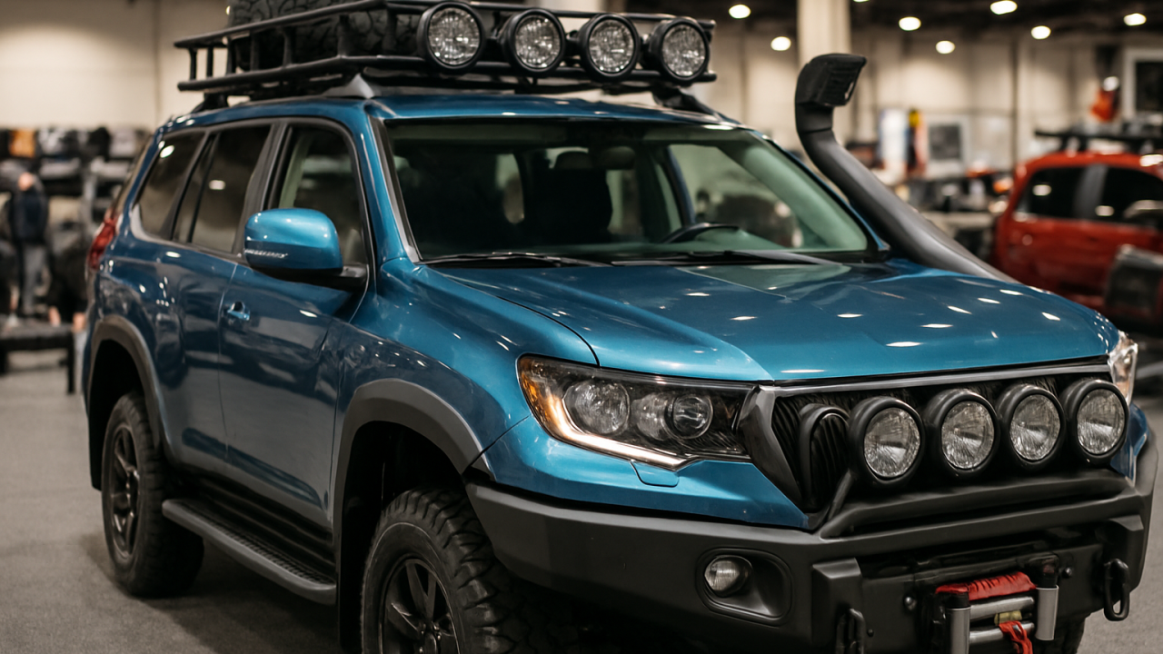 Um carro customizado com diversos acessórios automotivos em uma exposição.