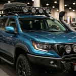 Um carro customizado com diversos acessórios automotivos em uma exposição.