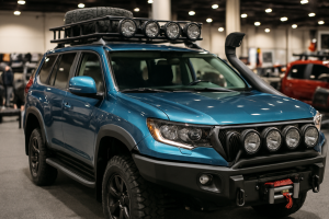 Um carro customizado com diversos acessórios automotivos em uma exposição.
