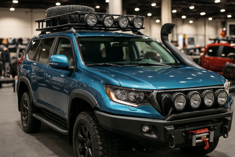 Um carro customizado com diversos acessórios automotivos em uma exposição.